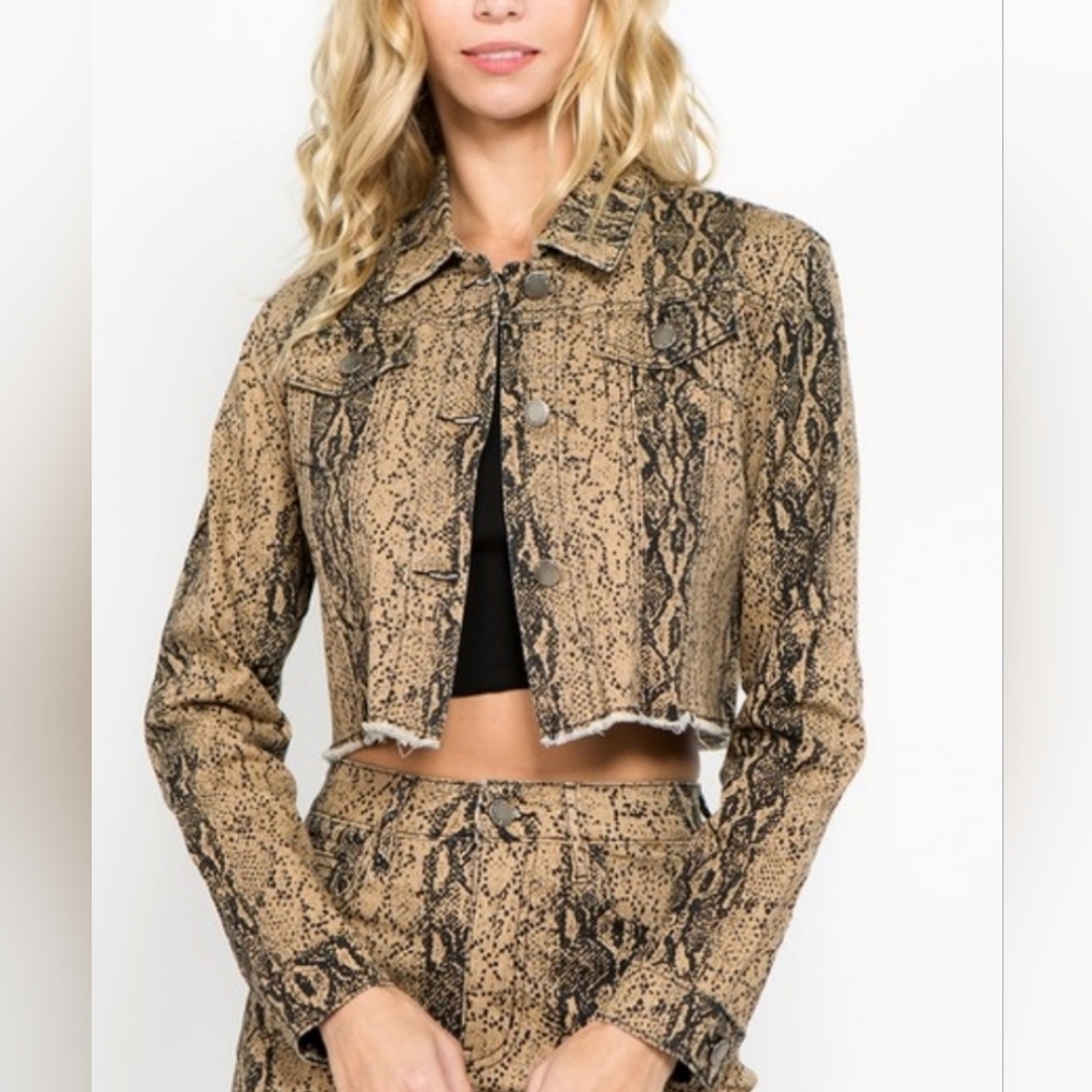 American Bazi Snakeskin Print Crop Denim Jean Jacket Size 3X Black Tan